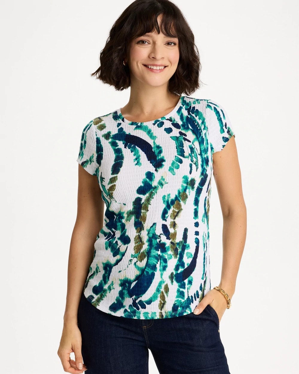 Chico's Printed Textured Knit Cap Sleeve Tee