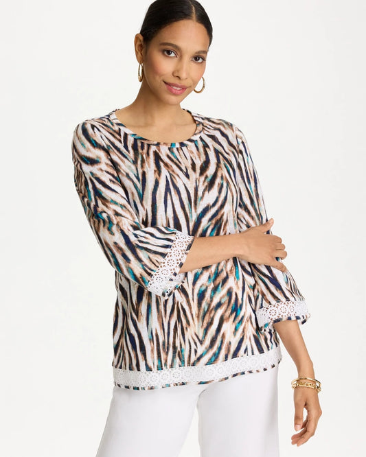 Chico's Tiger Linen Crochet Lace Tee