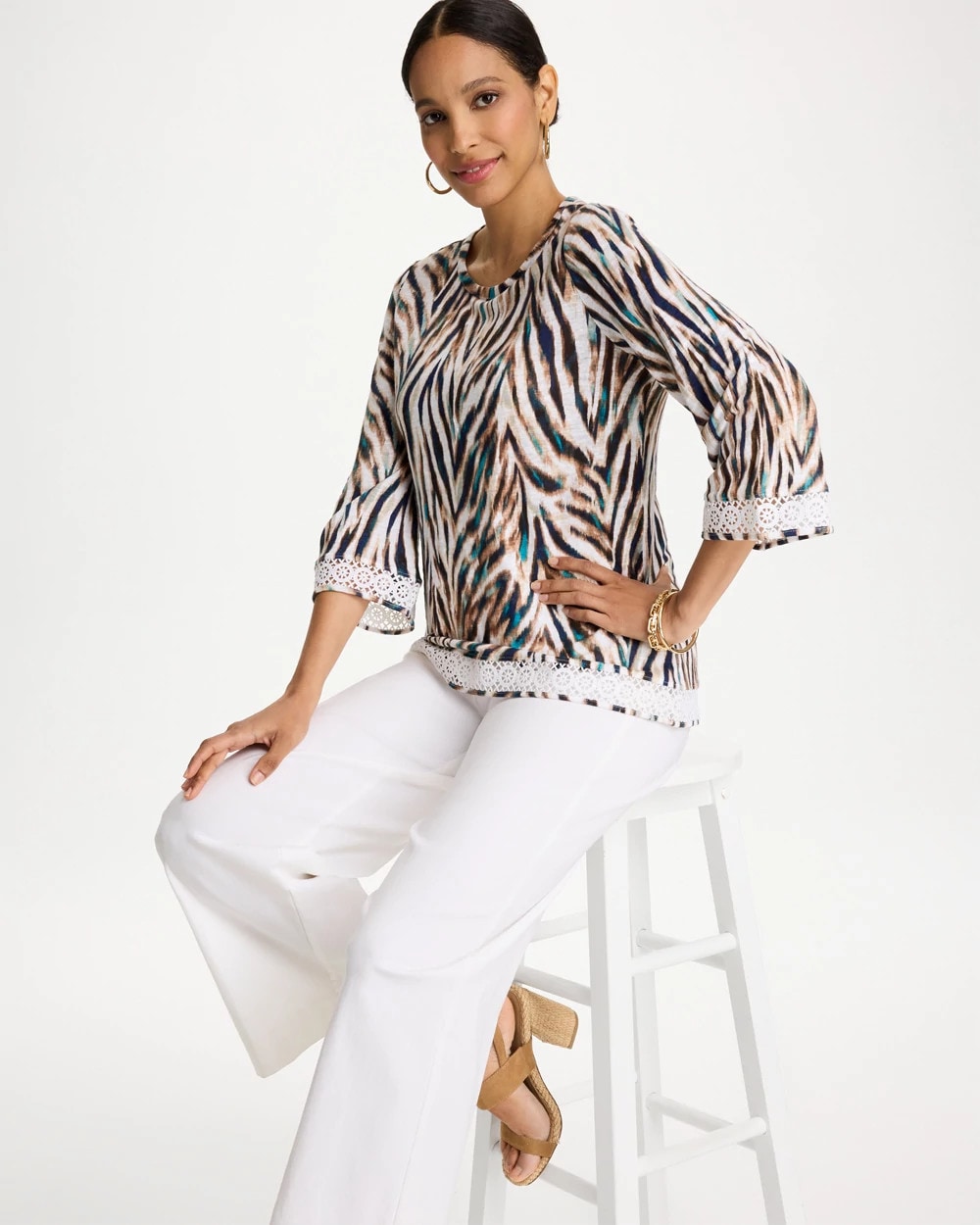 Chico's Tiger Linen Crochet Lace Tee