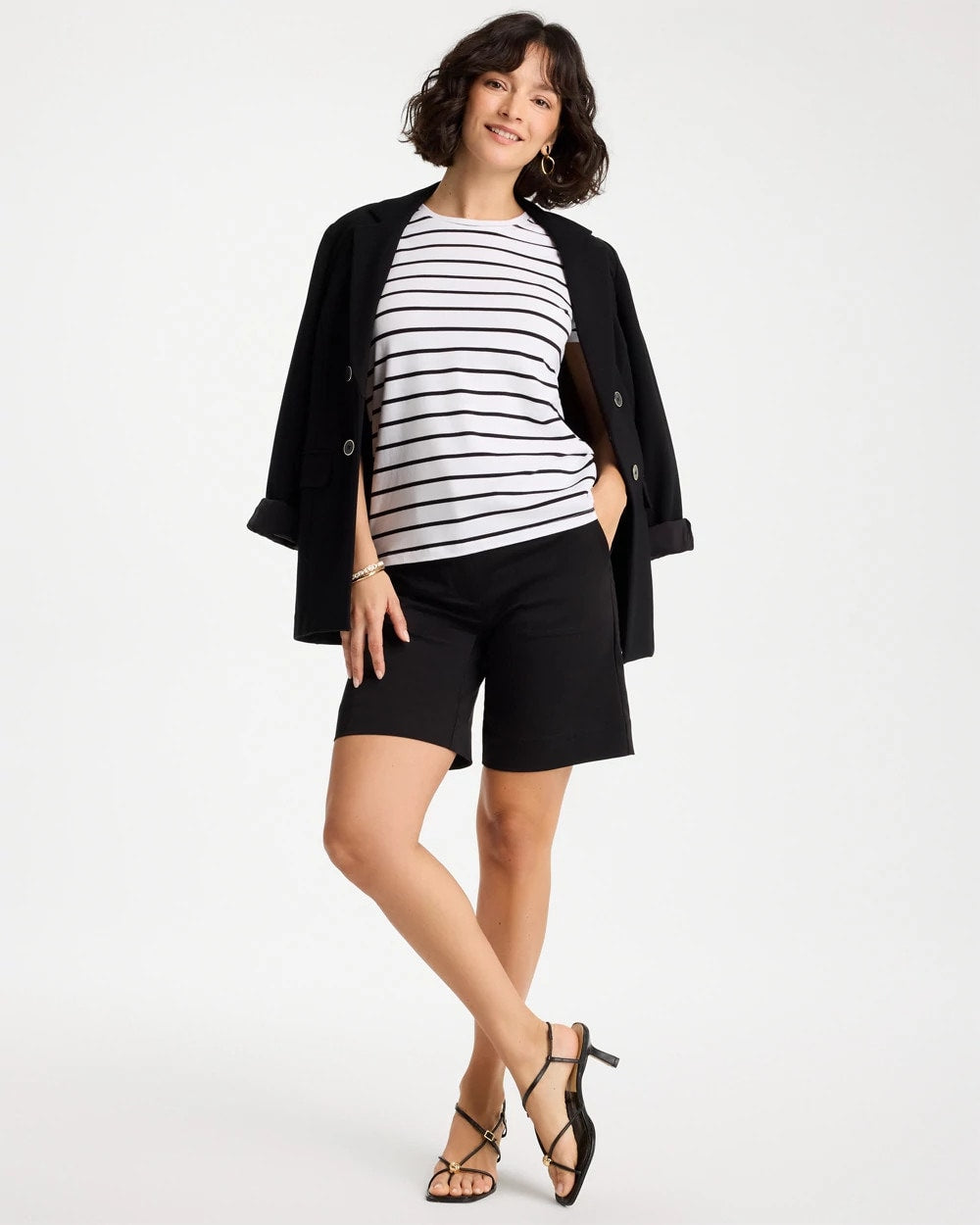 Chico's Striped Cotton Stretch Cap-Sleeve Tee
