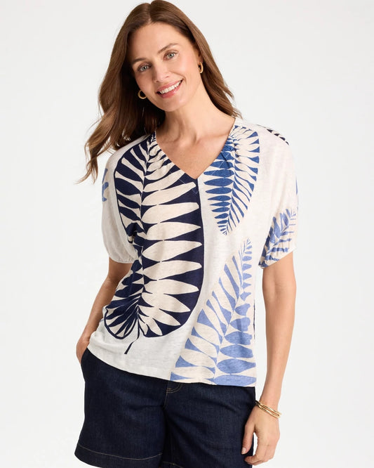 Chico's Leaf Print Linen Ruched V-Neck Tee