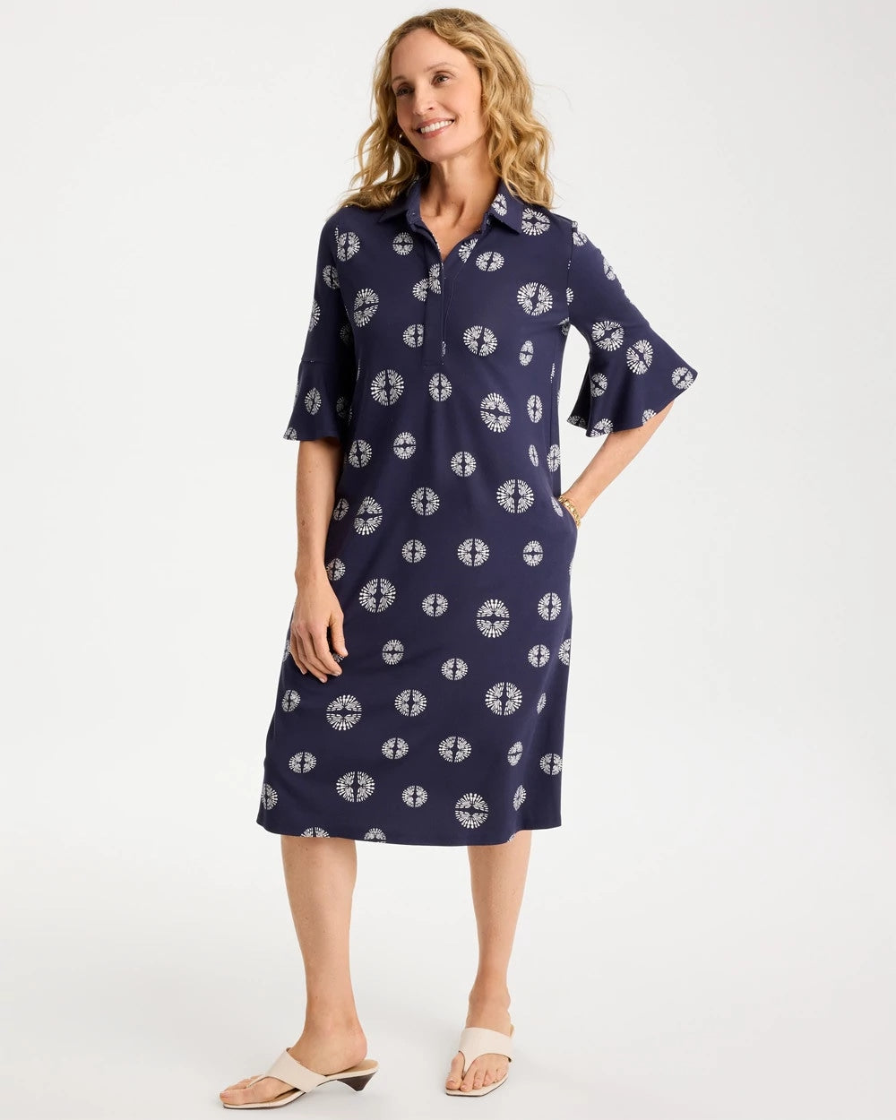 Chico's Printed Ponte Flounce Sleeve Dress