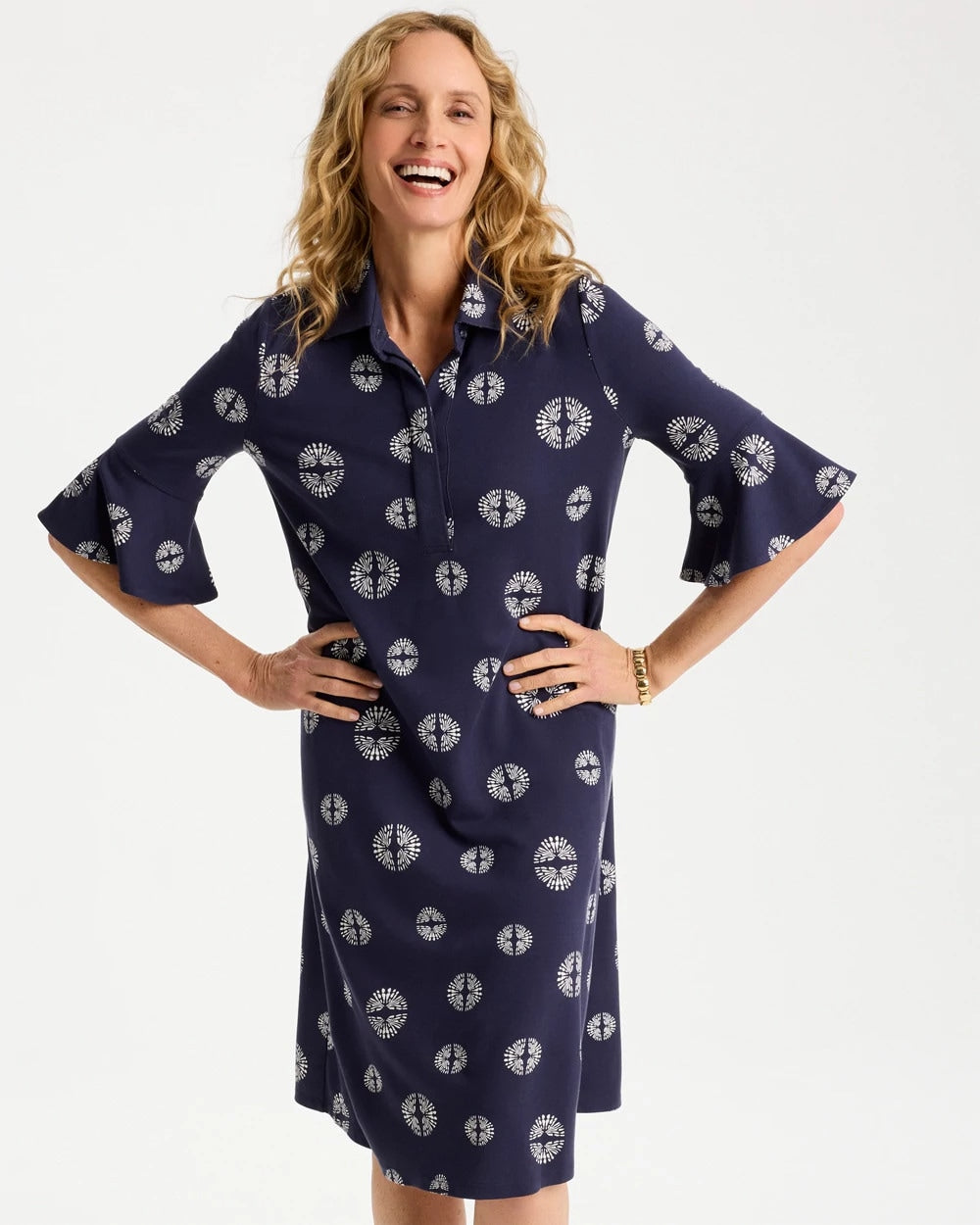 Chico's Printed Ponte Flounce Sleeve Dress