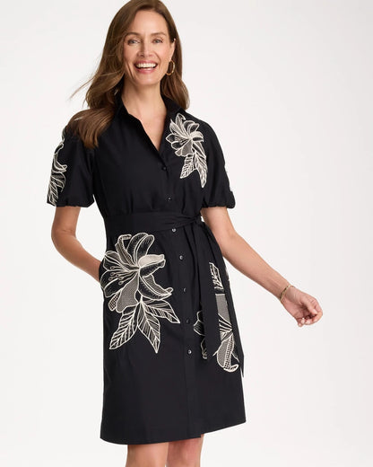 Chico's Embroidered Poplin Cotton Belted Dress
