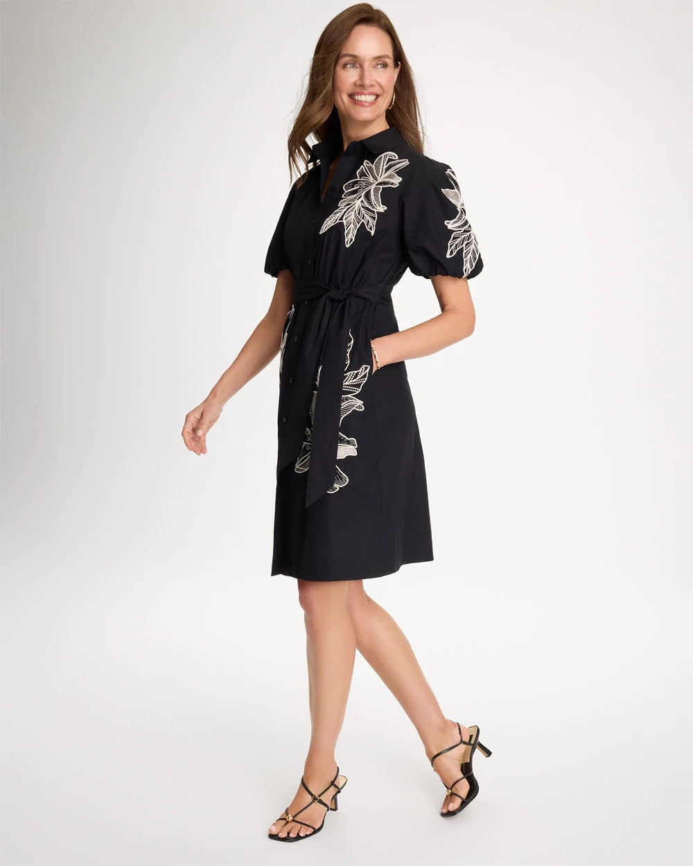 Chico's Embroidered Poplin Cotton Belted Dress