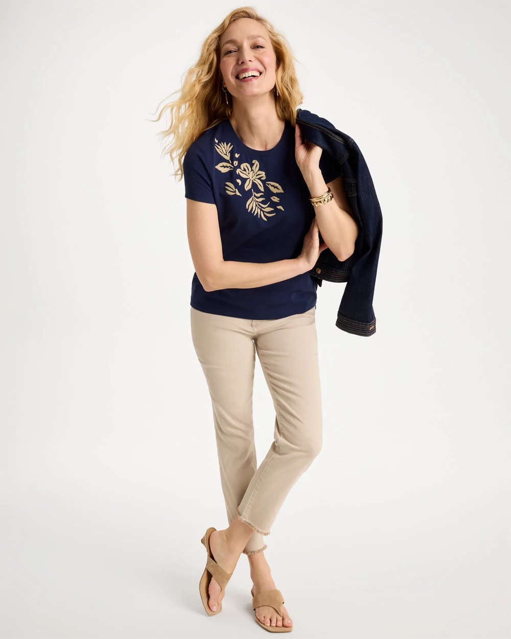 Chico's Cotton Stretch Cap Sleeve Embroidered Tee