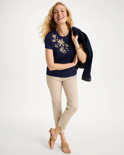 Chico's Cotton Stretch Cap Sleeve Embroidered Tee