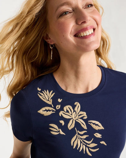 Chico's Cotton Stretch Cap Sleeve Embroidered Tee