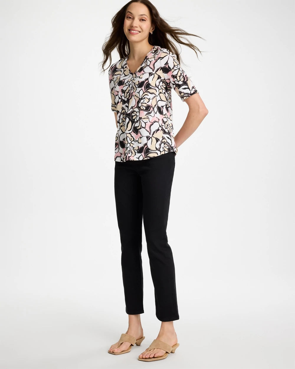 Chico's Printed Cotton Slub V-Neck Tee