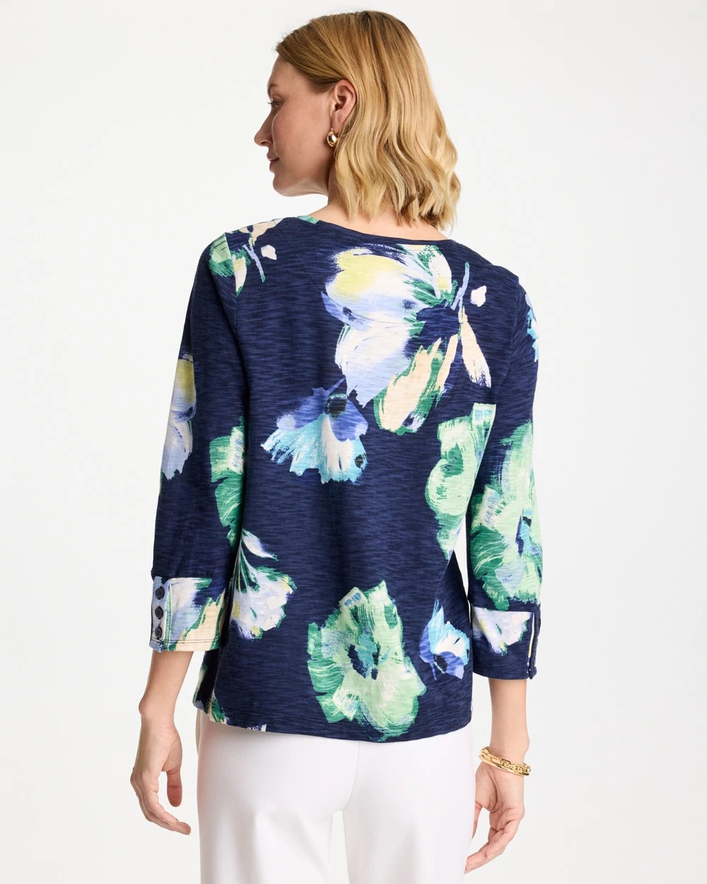 Chico's Printed Slub Button Detail Tee