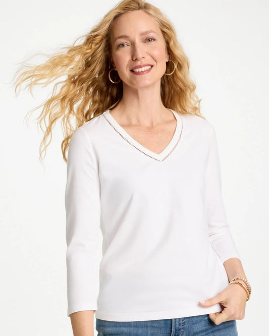 Chico's Trim Detail Cotton Stretch 3/4 Sleeve Tee