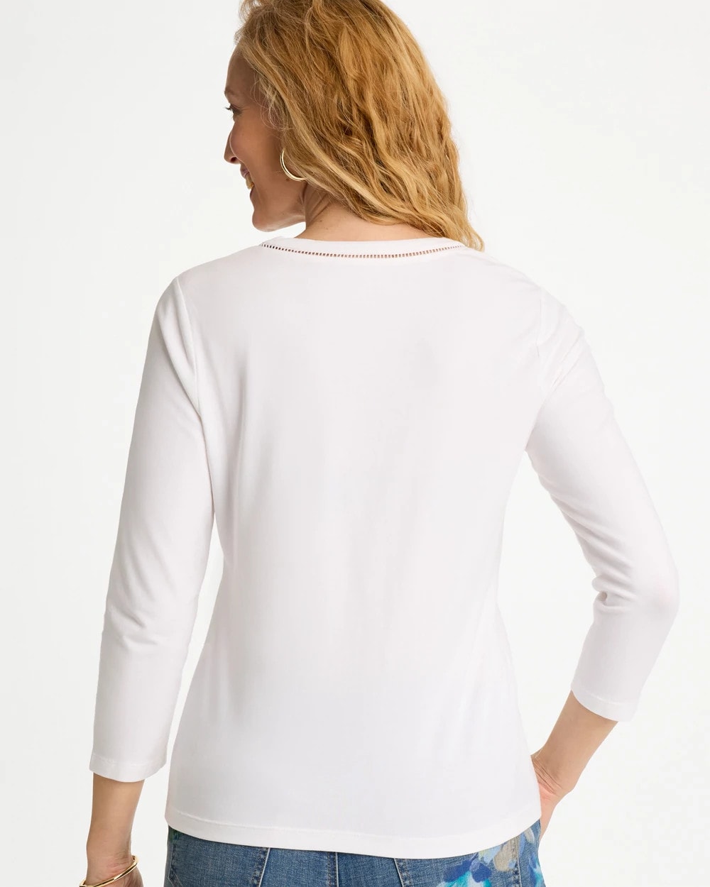 Chico's Trim Detail Cotton Stretch 3/4 Sleeve Tee