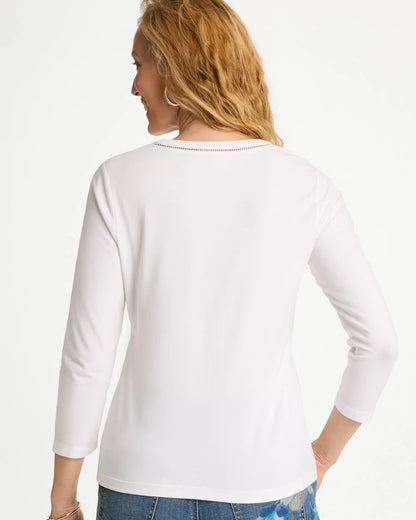 Chico's Trim Detail Cotton Stretch 3/4 Sleeve Tee
