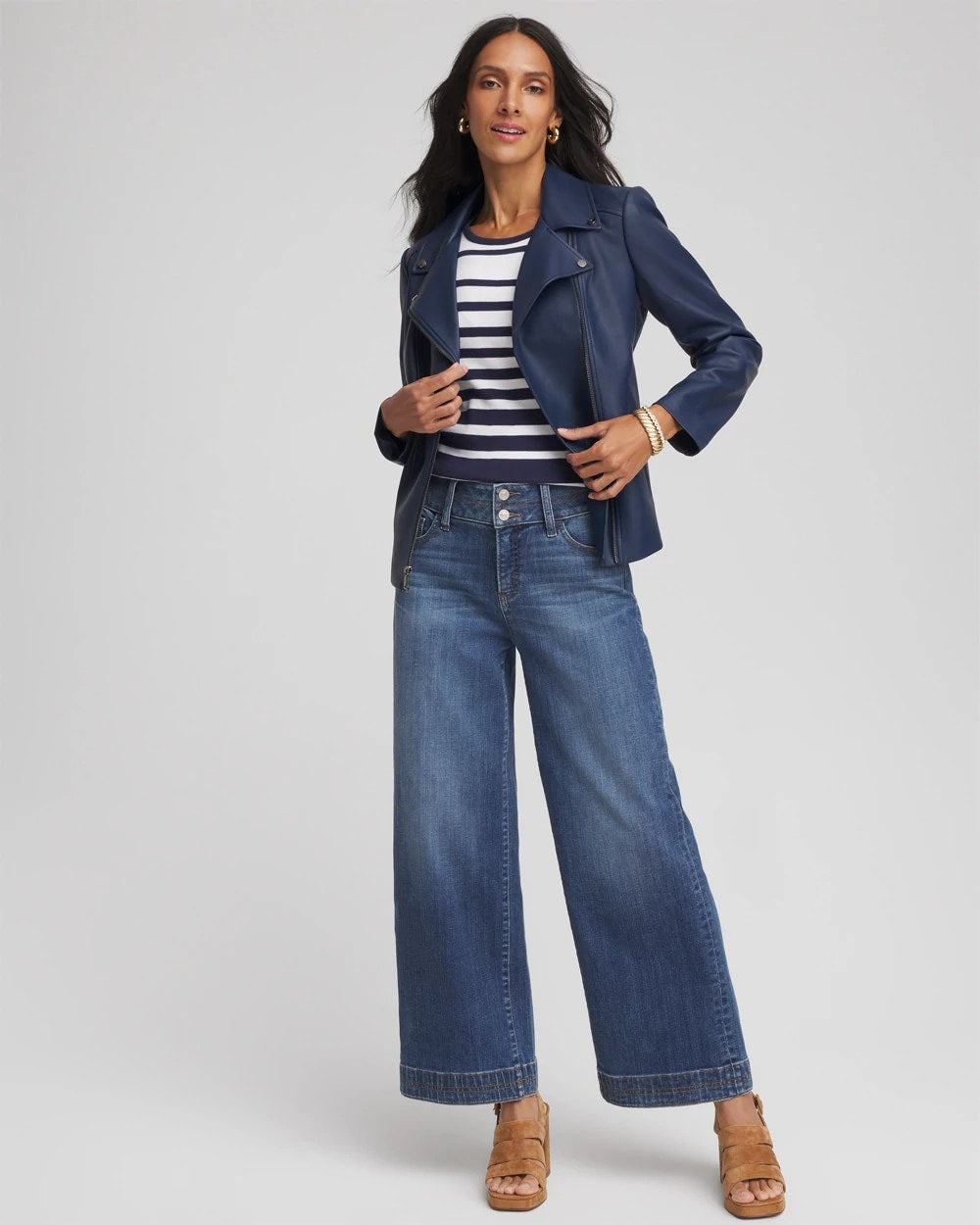 Chico's Pima Striped Button Sleeve Tee
