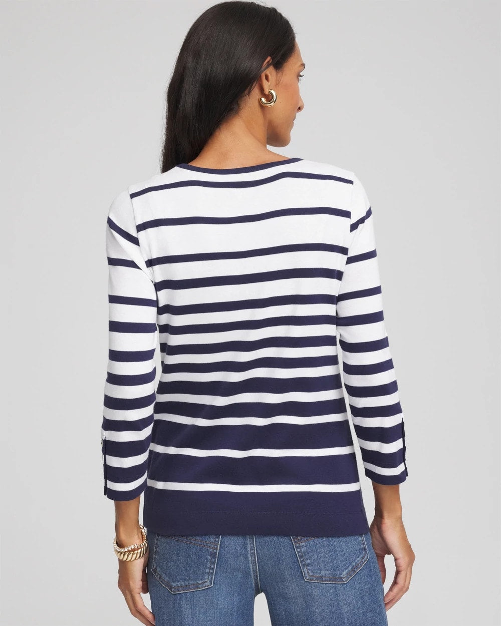 Chico's Pima Striped Button Sleeve Tee
