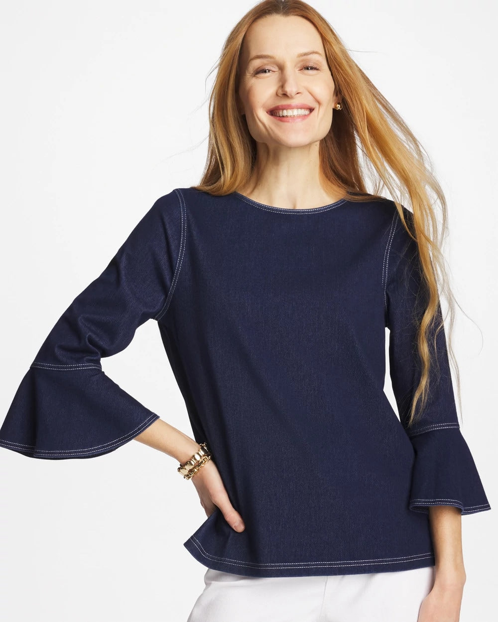 Chico's Indigo Denim Trumpet Sleeve Top