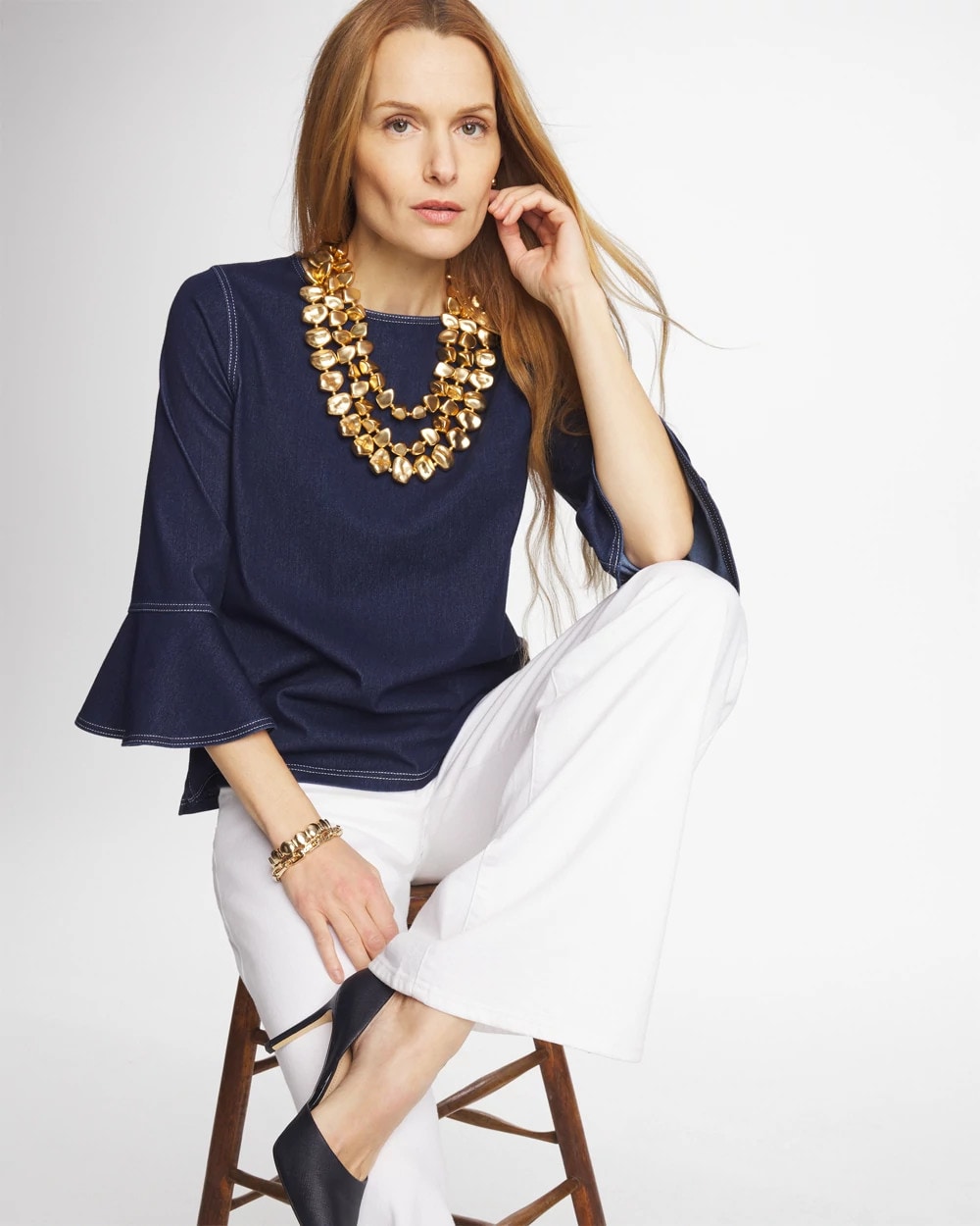 Chico's Indigo Denim Trumpet Sleeve Top