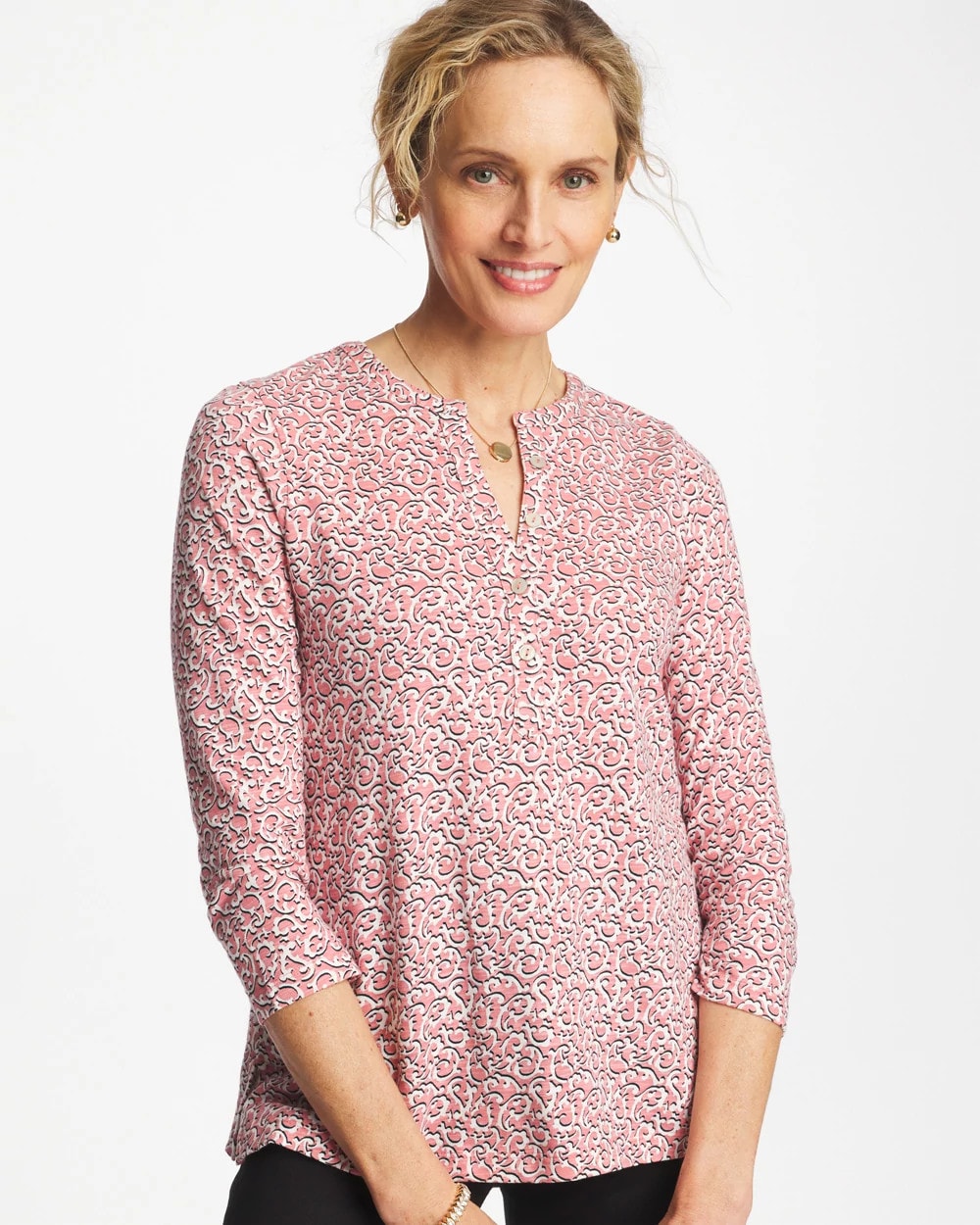 Chico's Cotton-Slub Splitneck Henley Tee