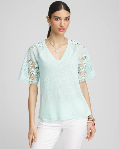 Chico's Linen Crochet Lace Short Sleeve Tee