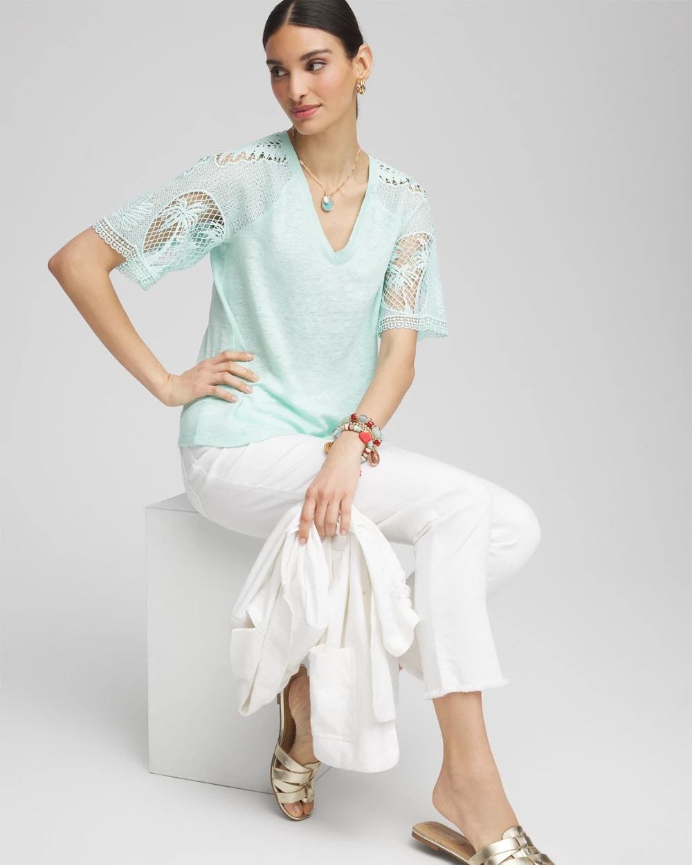 Chico's Linen Crochet Lace Short Sleeve Tee