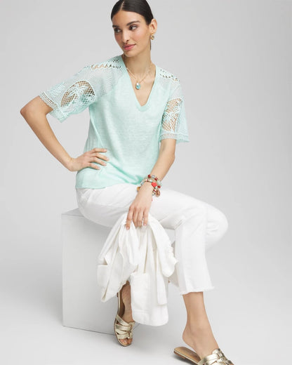 Chico's Linen Crochet Lace Short Sleeve Tee