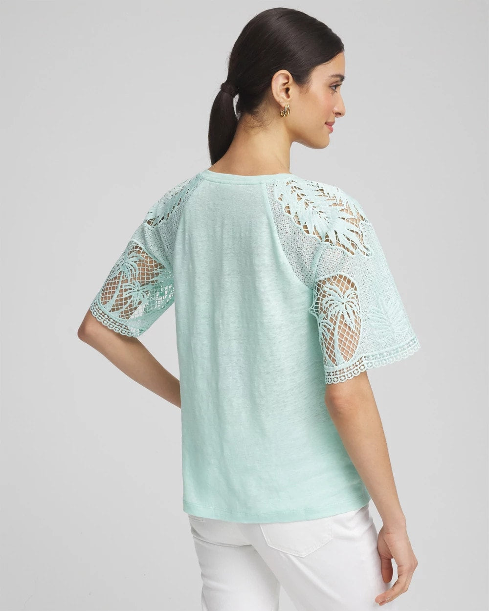 Chico's Linen Crochet Lace Short Sleeve Tee