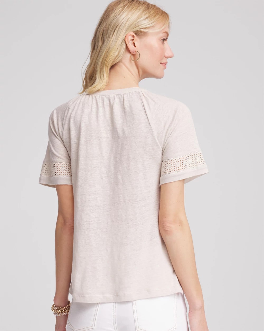 Chico's Linen Lace-Cutwork Sleeve Henley Tee