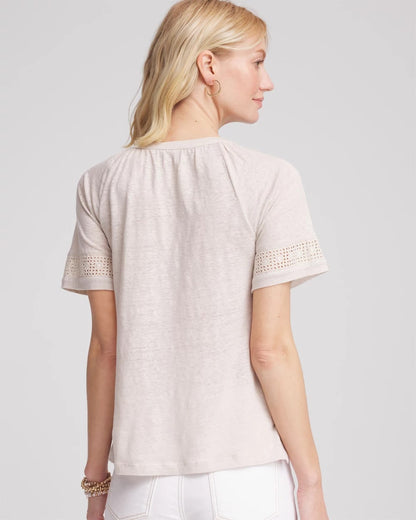 Chico's Linen Lace-Cutwork Sleeve Henley Tee