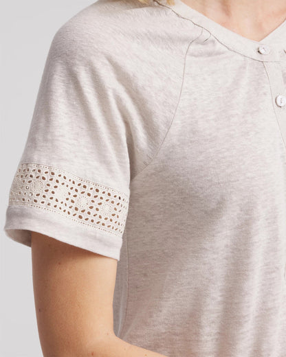 Chico's Linen Lace-Cutwork Sleeve Henley Tee