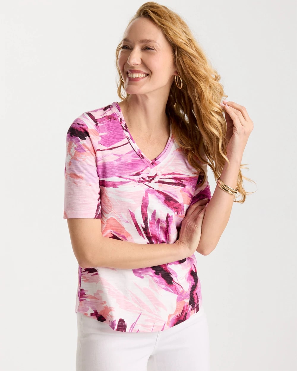 Chico's Printed Double V-Neck Slub Rib Tee