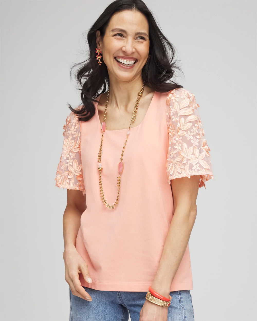 Chico's Floral Sleeved Square-Neck Tee