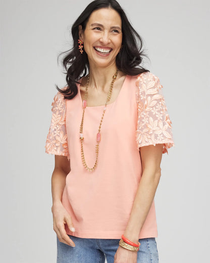 Chico's Floral Sleeved Square-Neck Tee