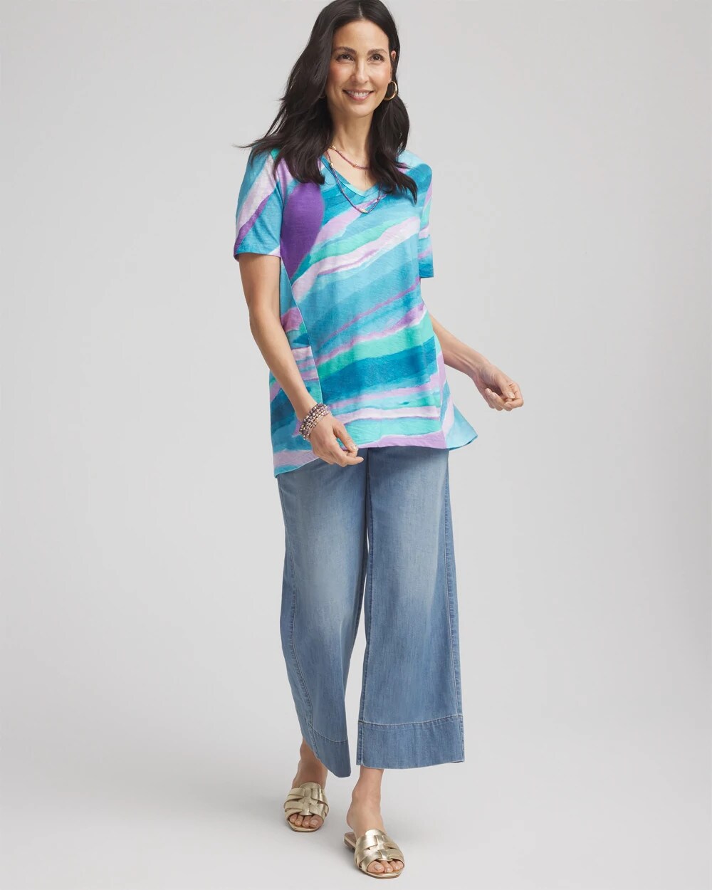 Chico's Sea Print Short Sleeve Forward-Seam Tee