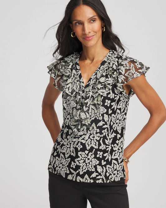Chico's Lace Floral-Burnout Henley Tee