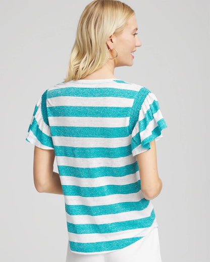 Chico's Linen Metallic Striped Flutter-Sleeve Tee