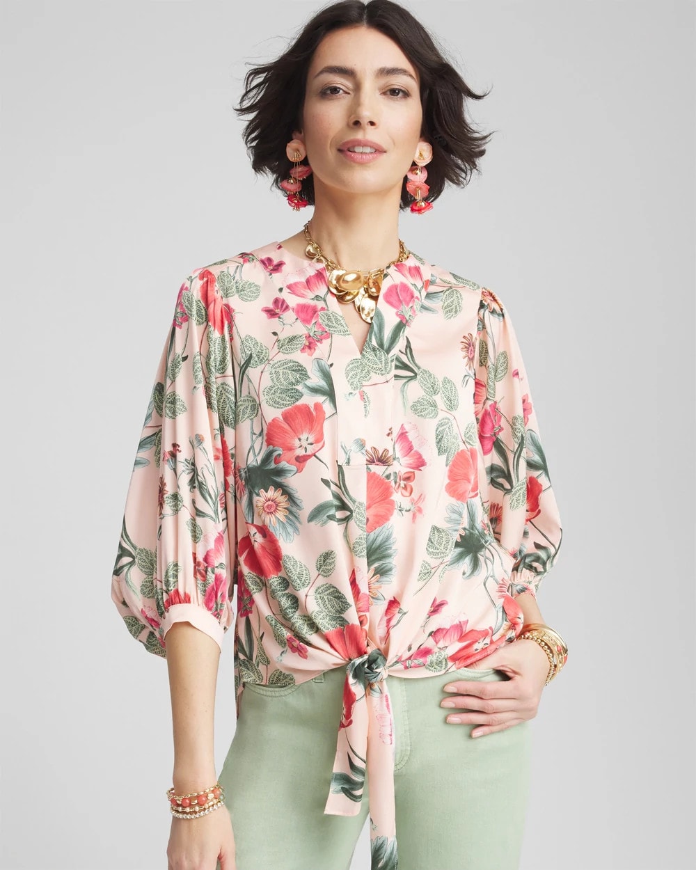 Chico's Floral Satin Tie-Front Pullover Top