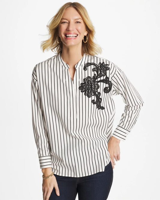 Chico's Striped Poplin Applique Tunic