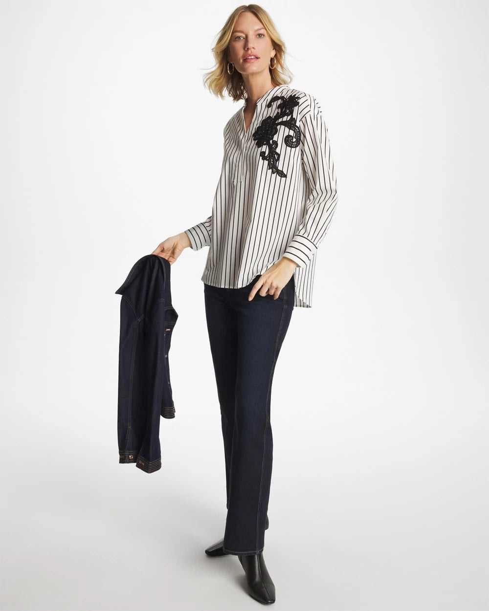 Chico's Striped Poplin Applique Tunic