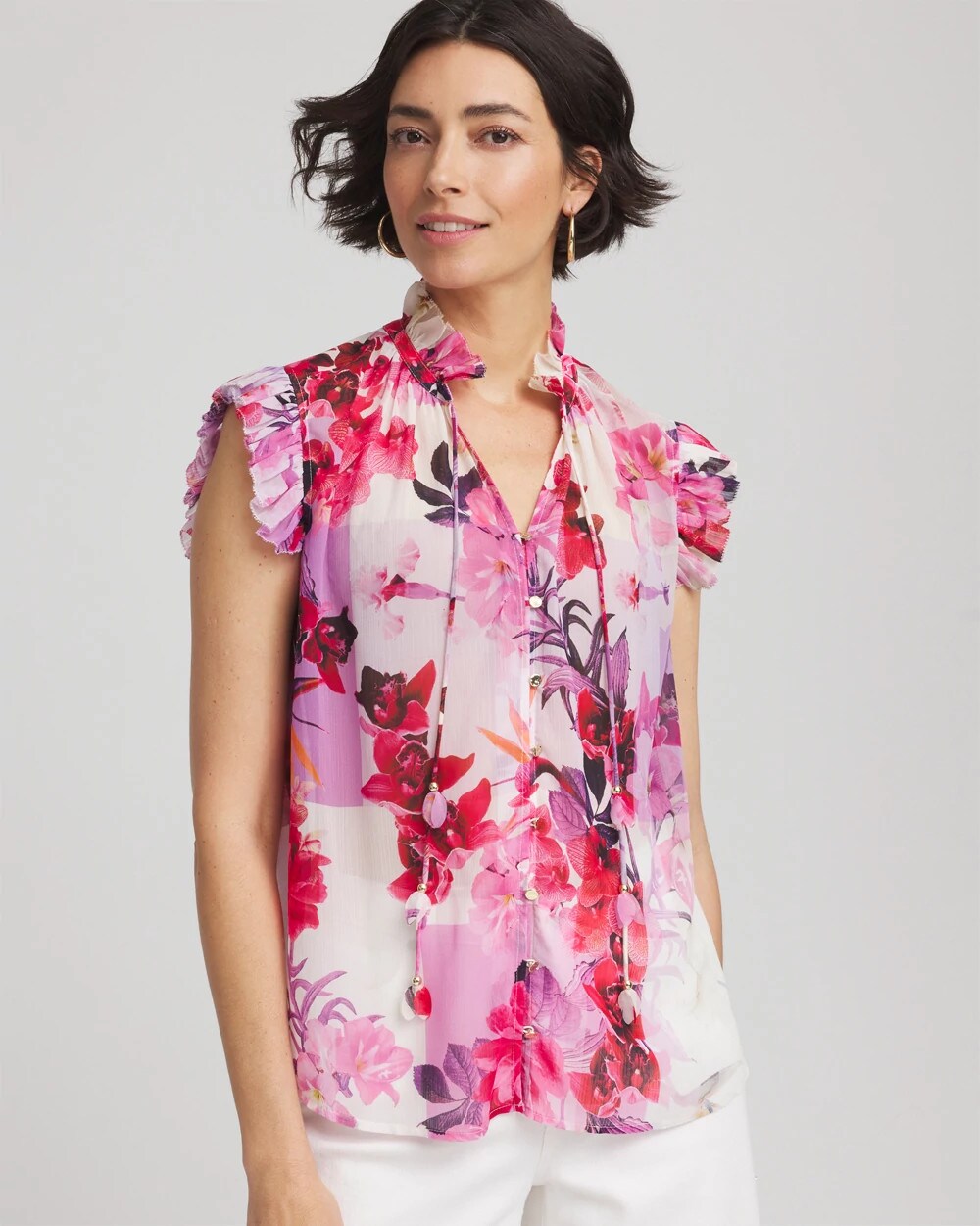 Chico's Floral Ruffle Collar Blouse