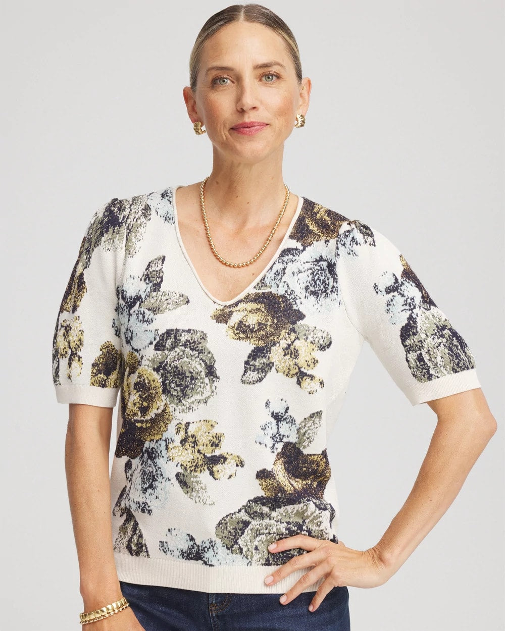 Chico's Floral V-Neck Sweater Tee