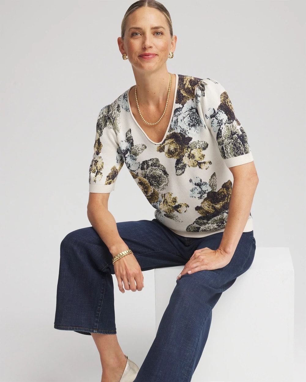 Chico's Floral V-Neck Sweater Tee