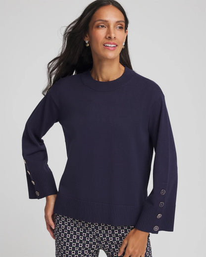 Chico's Button Sleeve Crewneck Pullover
