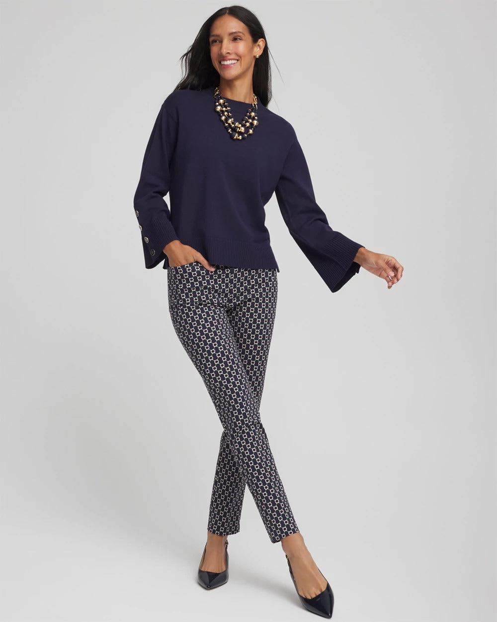 Chico's Button Sleeve Crewneck Pullover