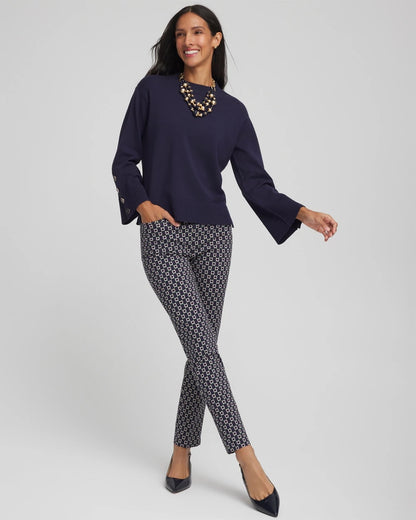 Chico's Button Sleeve Crewneck Pullover
