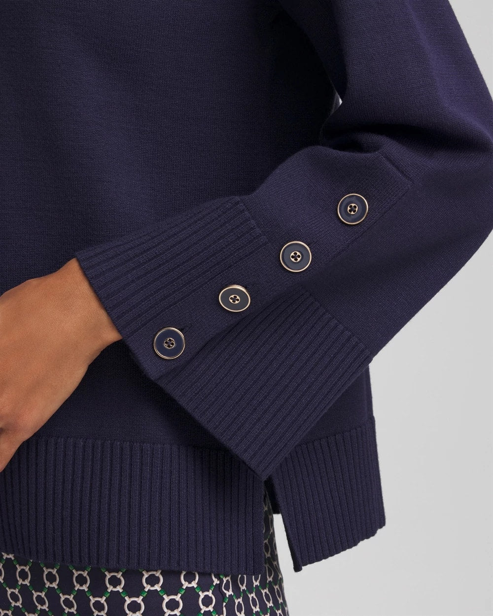 Chico's Button Sleeve Crewneck Pullover