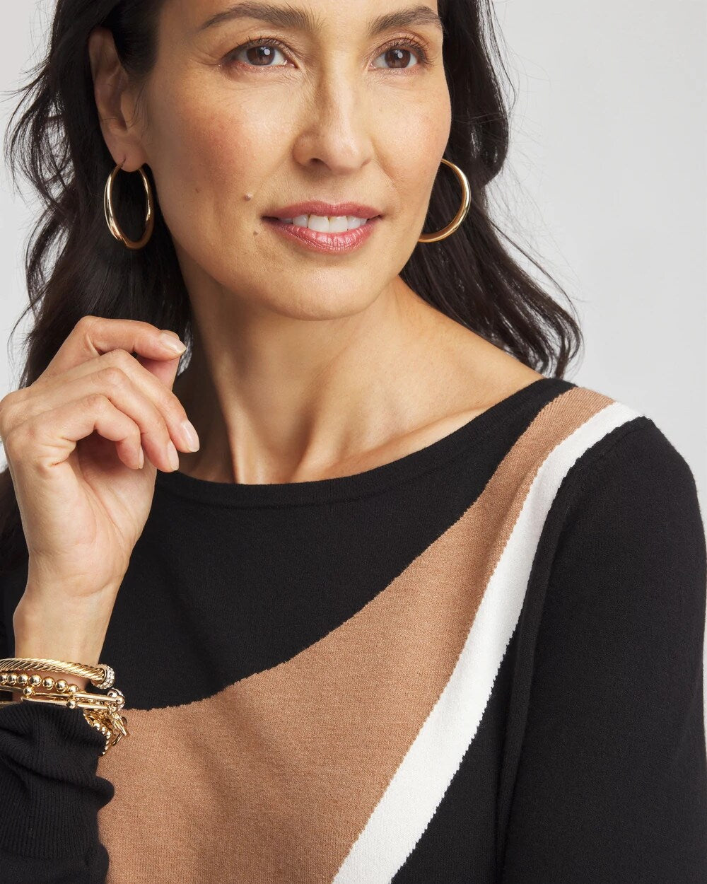 Chico's Intarsia Colorblock Bateau Neck Sweater