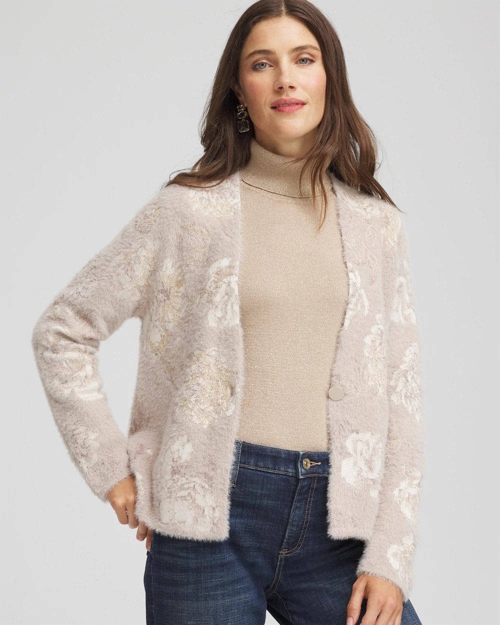 Chico's Fuzzy Jacquard Boyfriend Cardigan