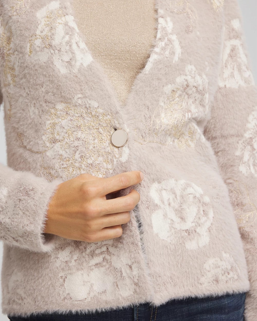 Chico's Fuzzy Jacquard Boyfriend Cardigan