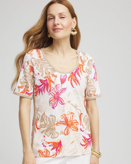 Chico's Floral Print Crochet-Trim Pullover Sweater