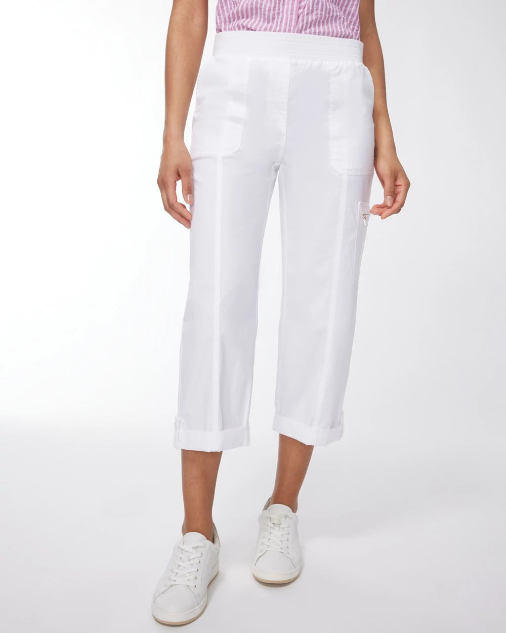 Chico's Alabaster Poplin Cropped Roll Tab Pants